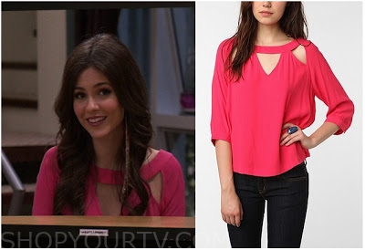 Floral pink off the shoulder blouse tight fitted worn by Tori Vega