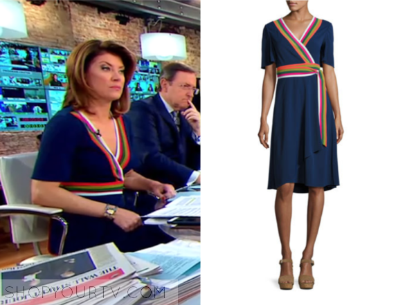 CBS This Morning: March 2017 Norah O'Donnell's Navy Blue Wrap Dress with  Rainbow Stripe Trim | Fashion, Clothes, Outfits and Wardrobe on | Shop Your  TV