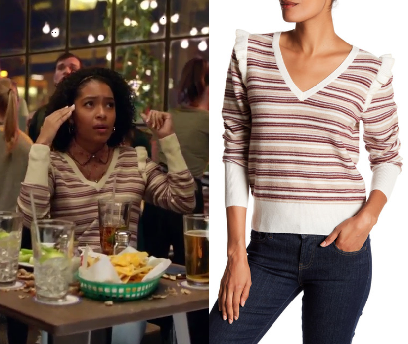 Grown-ish: Season 1 Episode 5 Zoey's Striped Ruffle Sweater | Shop Your TV