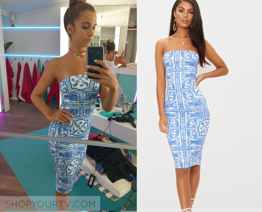 Love Island Au Season 1 Week 6 Millie S Blue Tile Print Bodycon Dress Shop Your Tv