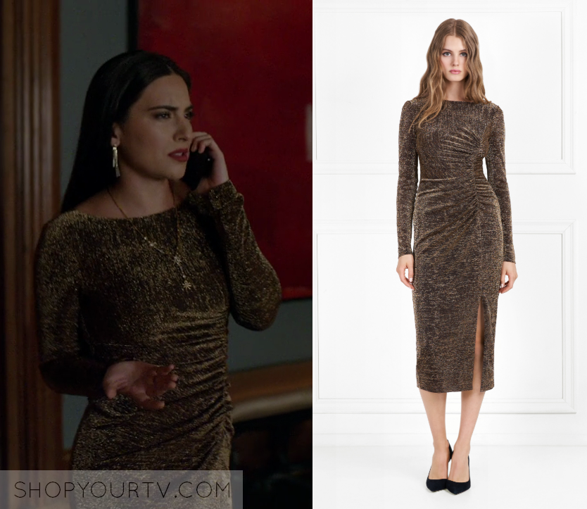 Dynasty Season 2 Episode 6 Cristal S Gold Embellished Ruched Dress Shop Your Tv