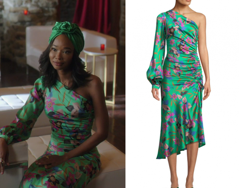 Dynasty: Season 2 Episode 7 Monica's Green Floral One Sleeve Dress ...