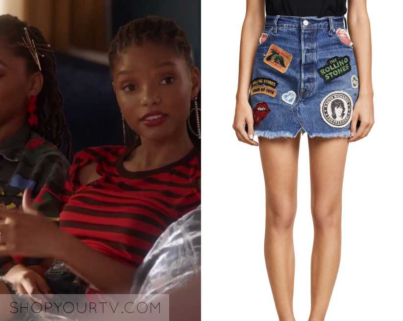 Grown-ish: Season 2 Episode 2 Sky's Rolling Stones Patch Denim Skirt ...