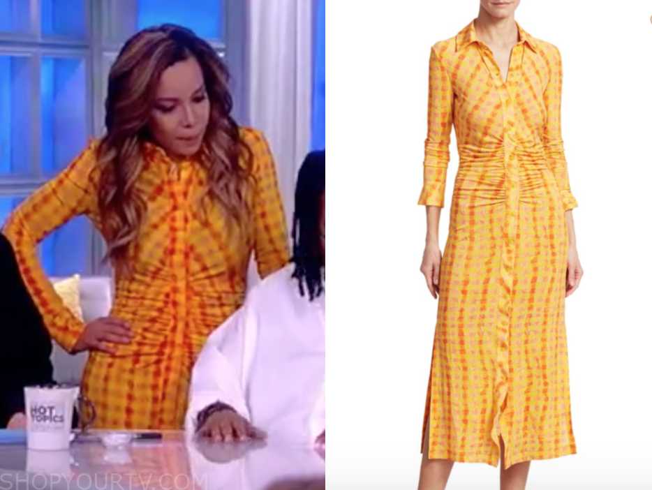 The View: April 2019 Sunny Hostin's Orange and Yellow Printed Midi ...