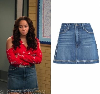 Family Reunion: Season 1 Episode 7 Jade's Studded Denim Mini Skirt ...