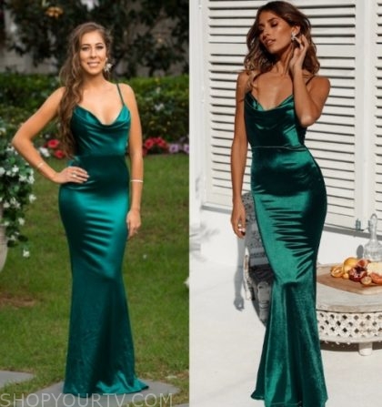 The Bachelor AU: Season 7 Episode 5 Nikki's Green Satin Cowl Neck Dress ...