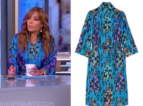 The View: September 2019 Sunny Hostin's Blue Printed Satin Midi Dress ...