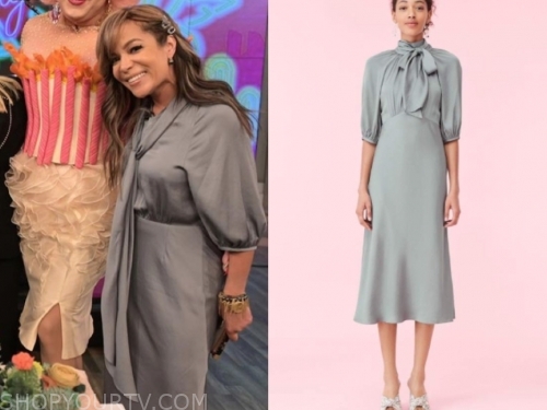 The View: October 2019 Sunny Hostin's Silver Blue Satin Tie Neck Midi ...