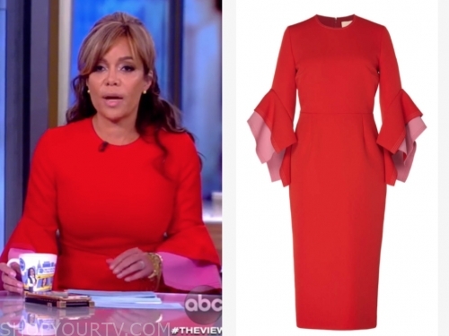 The View: October 2019 Sunny Hostin's Red and Pink Bell Sleeve Sheath ...