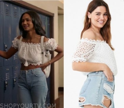 All American Season 2 Episode 1 Layla S White Crochet Off The Shoulder Top Shop Your Tv