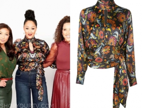 The Real: November 2019 Tamera Mowry's Floral Keyhole Mock Neck Blouse