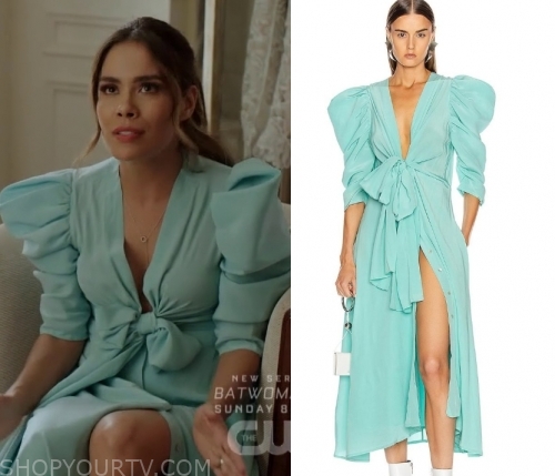 Dynasty: Season 3 Episode 4 Cristal's Blue Tie Front Dress | Shop Your TV