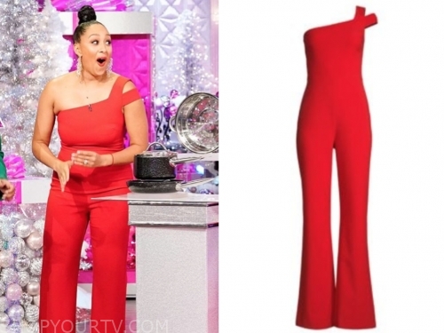 The Real: December 2019 Tamera Mowry's Red One-Shoulder Jumpsuit | Shop ...