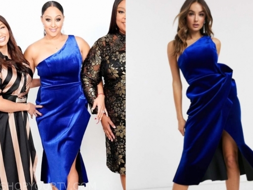 The Real: December 2019 Tamera Mowry's Blue Velvet One-Shoulder Dress ...