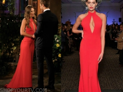 The Bachelor Season 24 Episode 1 Hannah Brown s Red Keyhole Cutout Gown Shop Your TV