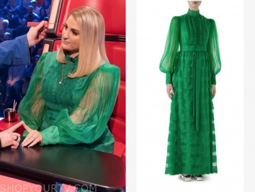 MeghanTrainor #TheVoiceUK #balloonsleevedress #greendress #greengown #Gucci