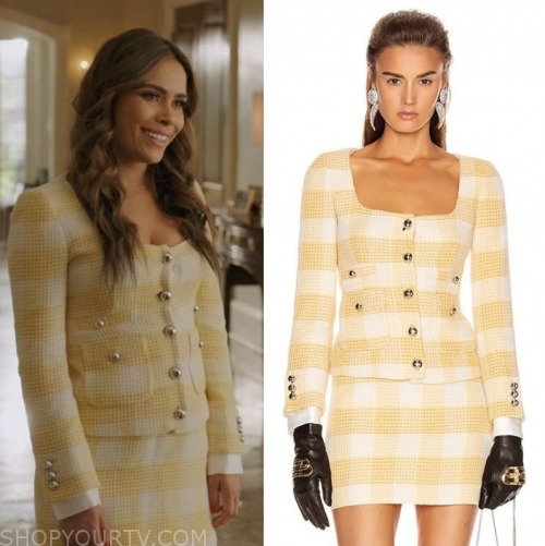 Dynasty: Season 3 Episode 14 Cristal's Yellow Check Jacket & Skirt ...