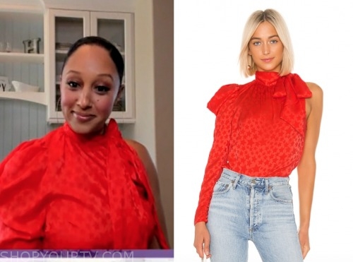 The Real: April 2020 Tamera Mowry's Red Star Print Asymmetric Blouse