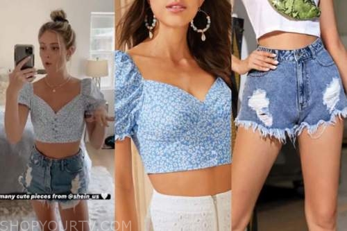 The Bachelor: Instagram Hannah Godwin's Blue Floral Crop Top and Distressed Denim  Shorts