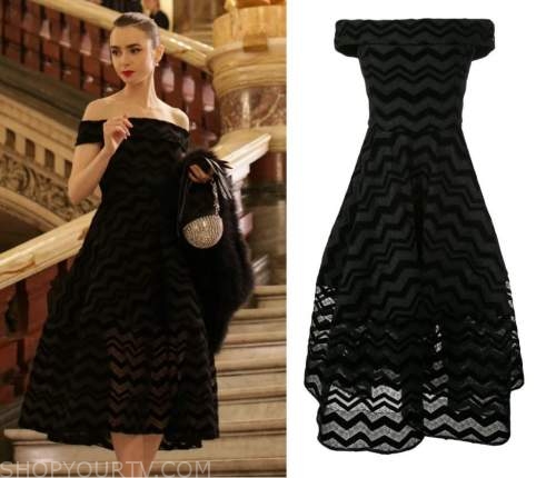 Emily in Paris: Season 1 Episode 6 Emily's Black Sheer Chevron Off Shoulder  Dress