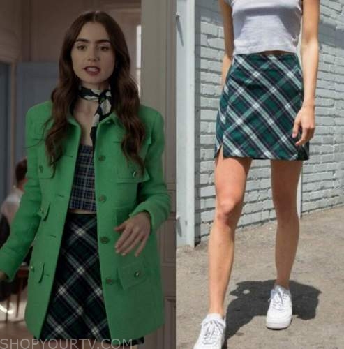 WornOnTV: Emily's patterned mini skirt on Emily in Paris