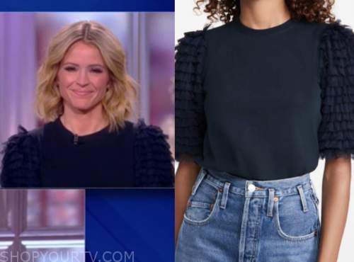 The View: February 2021 Sara Haines's Navy Blue Ruffle Tiered Sleeve ...