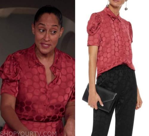 Black-ish: Season 7 Episode 9 Rainbow's Polka Satin Blouse | Shop Your TV