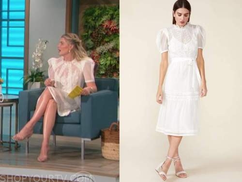 The Talk: May 2021 Amanda Kloots's Ivory White Lace Puff Sleeve Dress ...