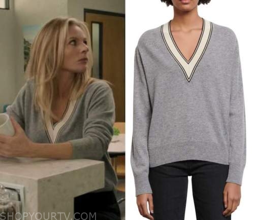Big Shot: Season 1 Episode 5 Holly's Grey & White Trim V Neck Sweater ...