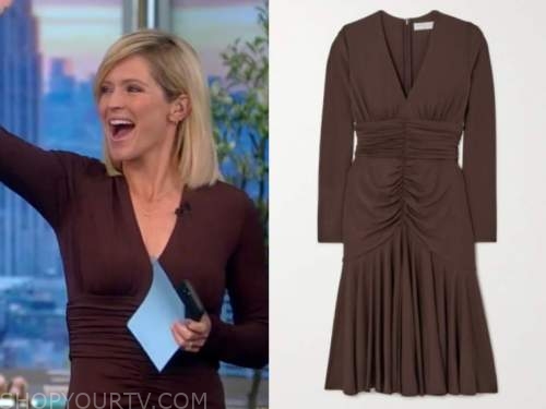 The View: September 2021 Sara Haines's Brown Ruched Midi Dress | Shop ...