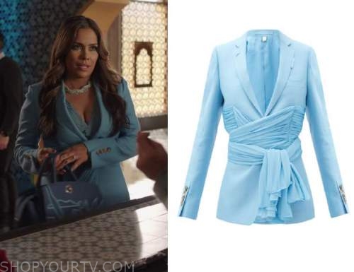 Dynasty: Season 4 Episode 19 Cristal's Blue Tie Front Blazer | Shop Your TV