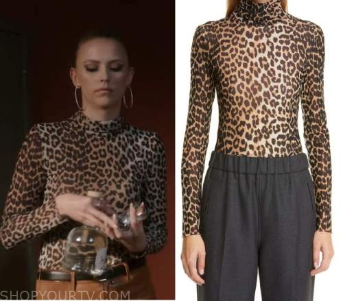 GANNI Leopard Print Mesh Turtleneck Top