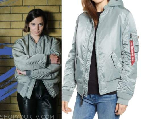 showtrial season 1 episode 1 2 talitha s green grey bomber jacket shop your tv