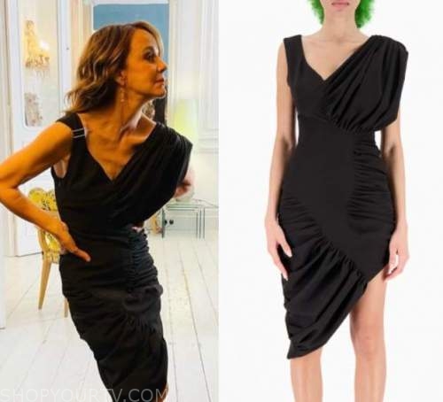 Sylvie's green one-shoulder asymmetric dress on Emily in Paris