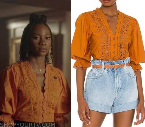 Legacies: Season 4 Episode 7 Cleo's Orange Lace Blouse | Shop Your TV