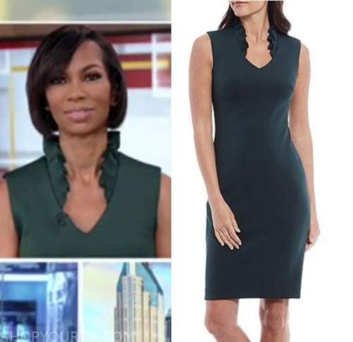 Outnumbered: December 2021 Harris Faulkner's Green Ruffle Collar Sheath ...