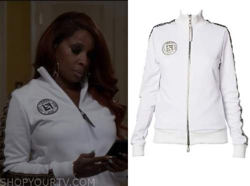 Fendi Silver Logo Stripe Track Jacket worn by Monet (Mary J. Blige) as seen  in Power Book II: Ghost (S02E03)