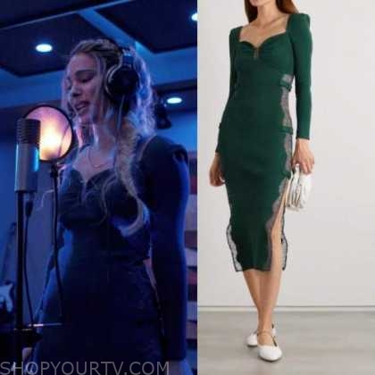 Queens: Season 1 Episode 9 Valeria's Green Ribbed Lace Panel Midi Dress ...