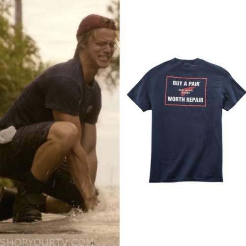 Red Wing Shoes Archive Logo 'Worth Repair' T-Shirt in Navy worn by