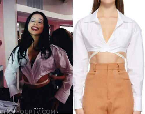 WornOnTV: Maddy's cowl neck crop top and fur collar cardigan on