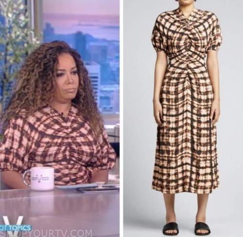 The View: February 2022 Sunny Hostin's Brown Tie Dye Puff Sleeve Midi ...