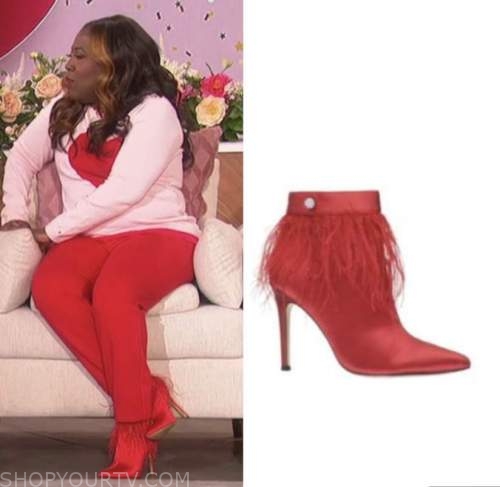 The Talk: February 2022 Sheryl Underwood's Red Satin Feather Booties ...