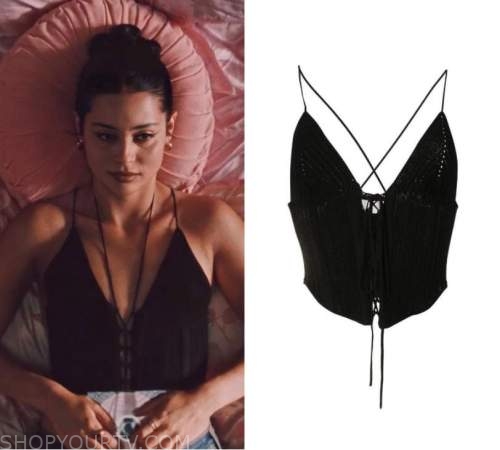 Euphoria: Season 2 Episode 6 Maddy's Black Crochet Lace Up Top