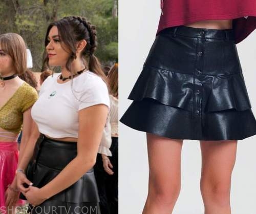 Dollface: Season 2 Episode 7 Black Ruffled Leather mini Skirt | Shop ...