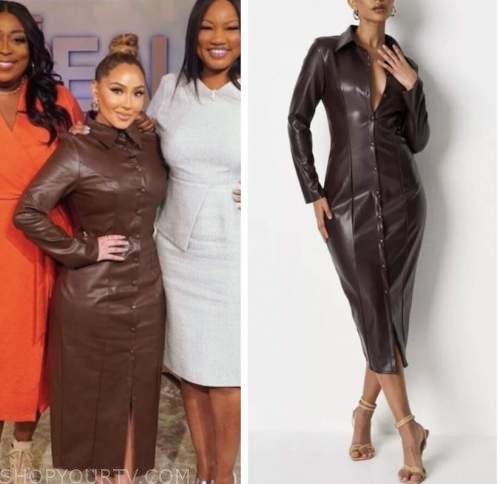 The Real: March 2022 Adrienne Bailon's Brown Leather Midi Shirt Dress ...