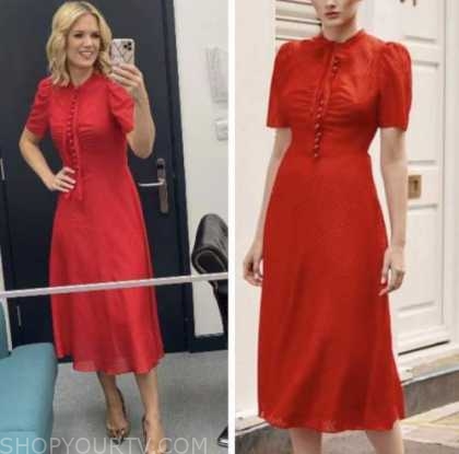 Good Morning Britain: March 2022 Charlotte Hawkins's Red Silk Midi ...