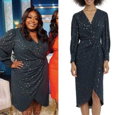 The Real: March 2022 Loni Love's Green and Gold Metallic Dot Wrap Dress ...