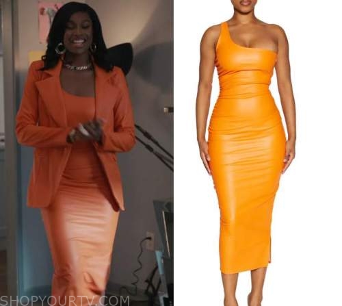 Bel-Air: Season 1 Episode 8 Hilary's Orange One Shoulder Midi Dress ...