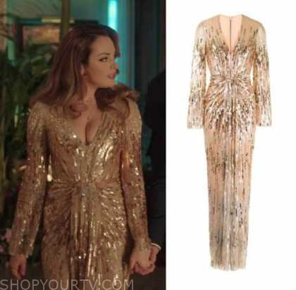 Dynasty: Season 5 Episode 3 Fallon's Gold Sequin Dress | Shop Your TV