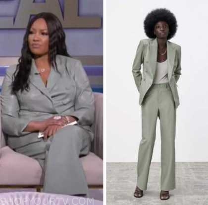 The Real: April 2022 Garcelle Beauvais's Green Leather Blazer and Pant ...